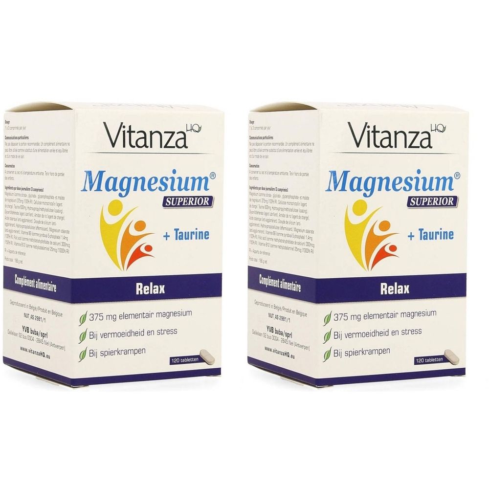 Deux boîtes de Vitanza Magnesium Superior. Inscription : Magnesium + Taurine, Relax. Contient 375 mg de magnésium élémentaire.