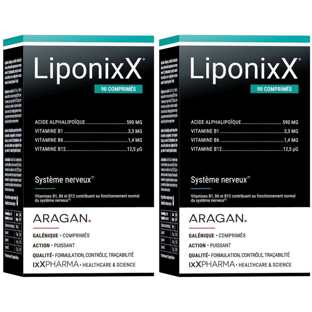 Deux boîtes avec inscription LiponixX, 90 comprimés. Contient des ingrédients. Texte: Système nerveux. Marque: ARAGAN.