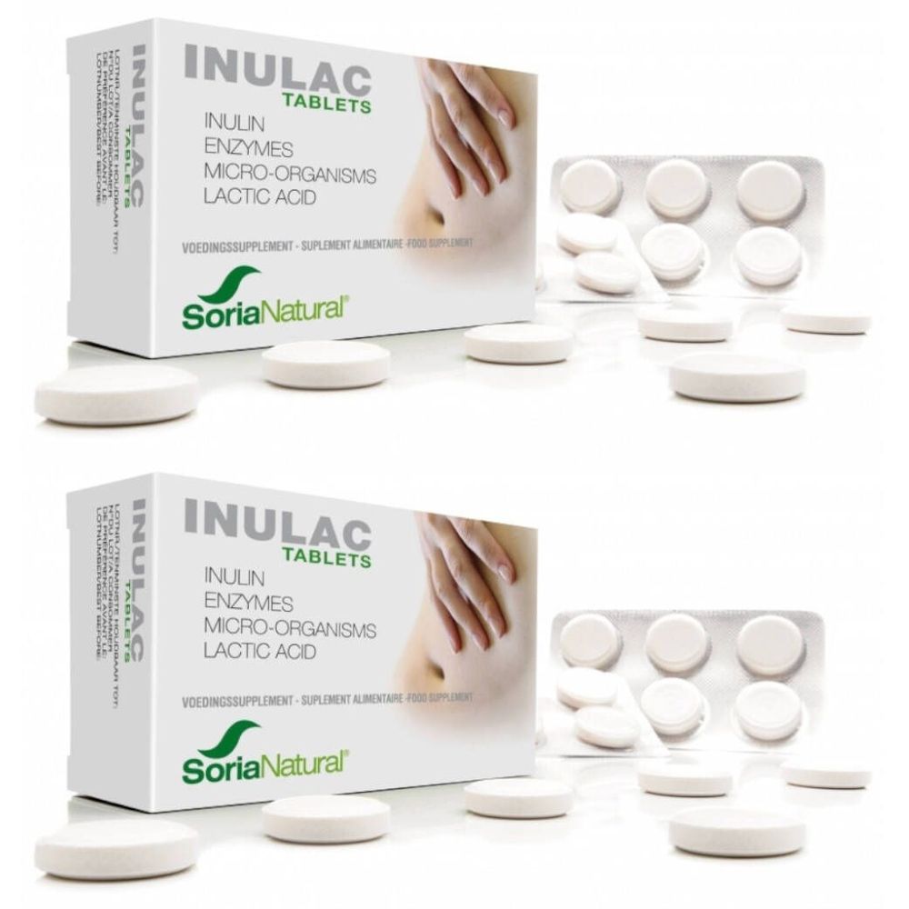 Deux boîtes et comprimés INULAC. Inscription : INULIN ENZYMES MICRO-ORGANISMS LACTIC ACID. Marque Soria Natural.