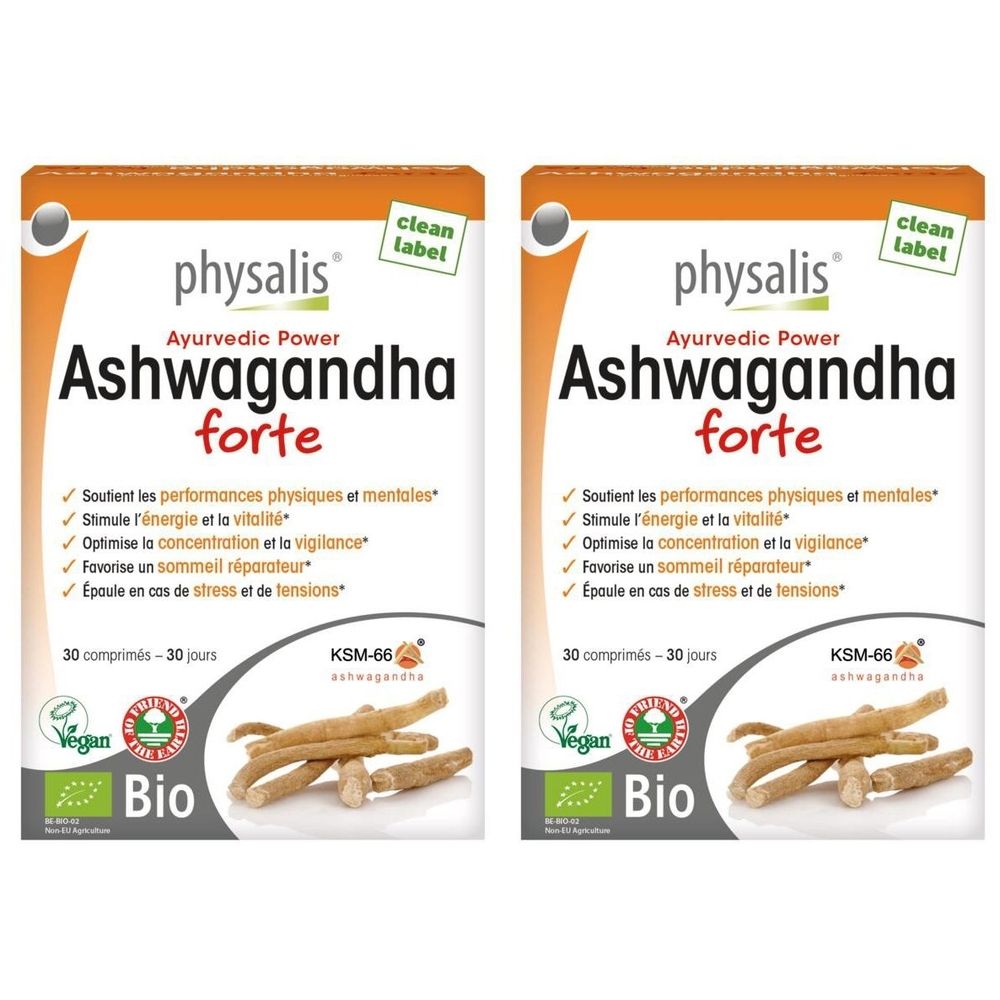 Deux boîtes de Physalis Ashwagandha Forte Bio. Emballage blanc avec nom et logo du produit. Labels Vegan et Bio.