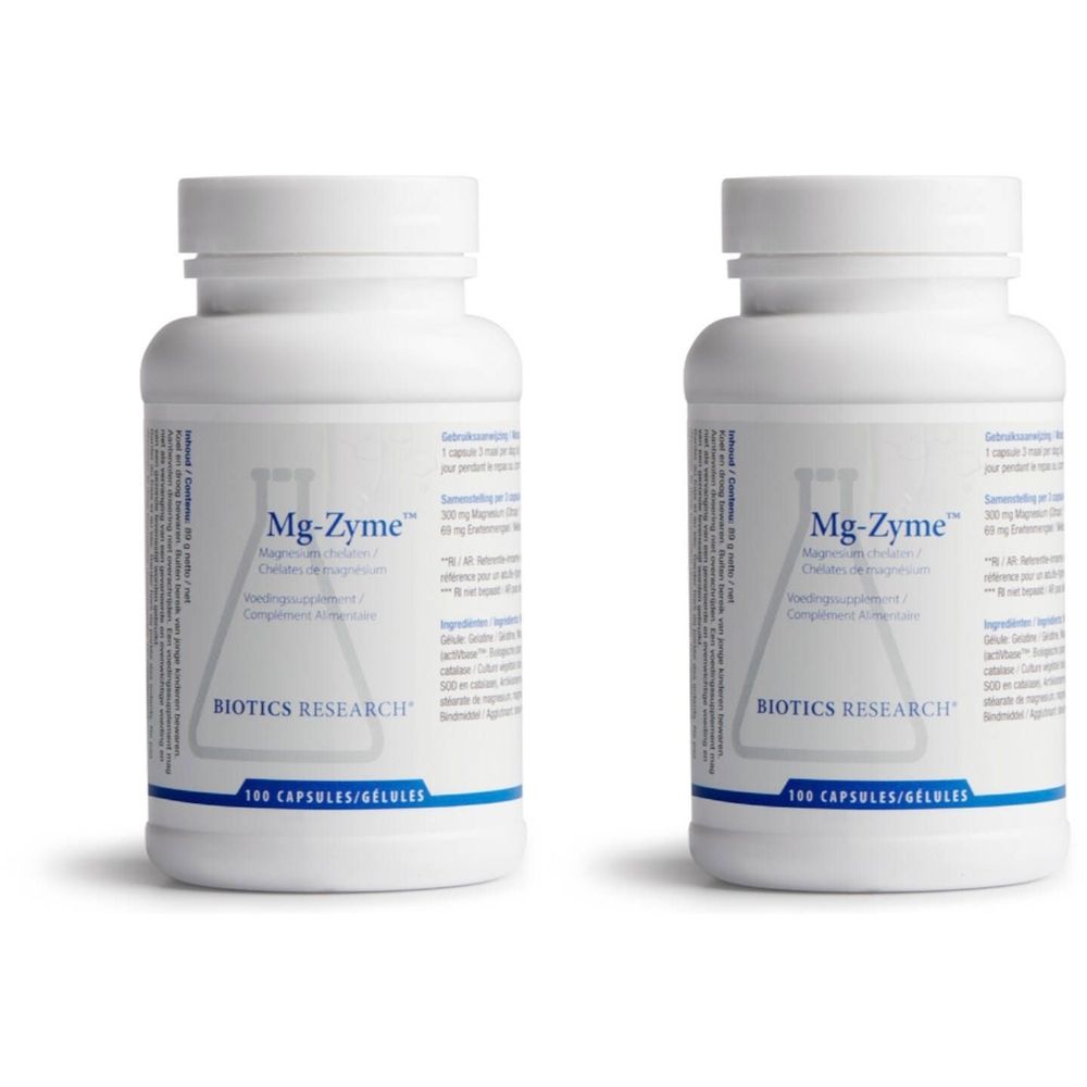 Deux flacons blancs avec bouchons à vis. Inscription Mg-Zyme et BIOTICS RESEARCH. 100 capsules/gélules.