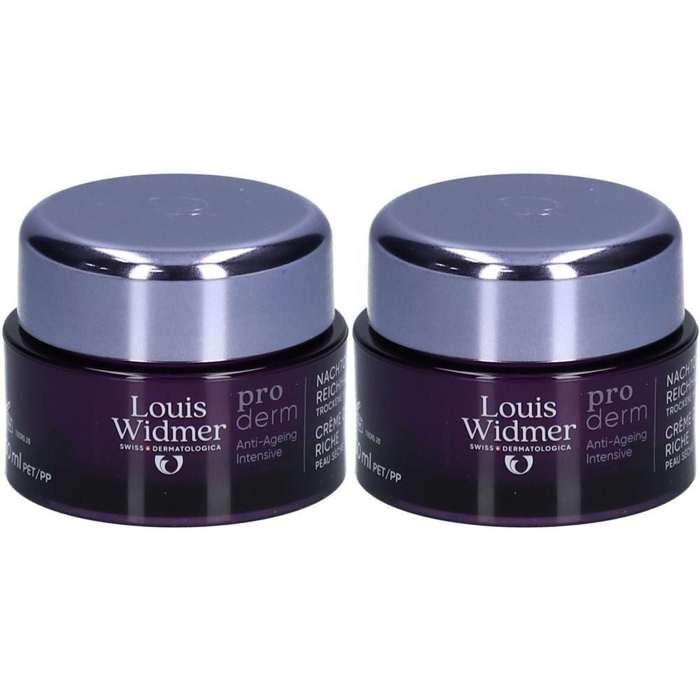 Deux pots de crème de nuit Louis Widmer Proderm Anti-Âge. Pots violets foncés avec couvercles argentés. Inscription : Proderm, Anti-Âge.