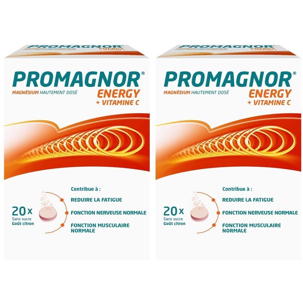Deux boîtes de Promagnor Energy. Emballage blanc avec nom et informations. Contient 20 comprimés.