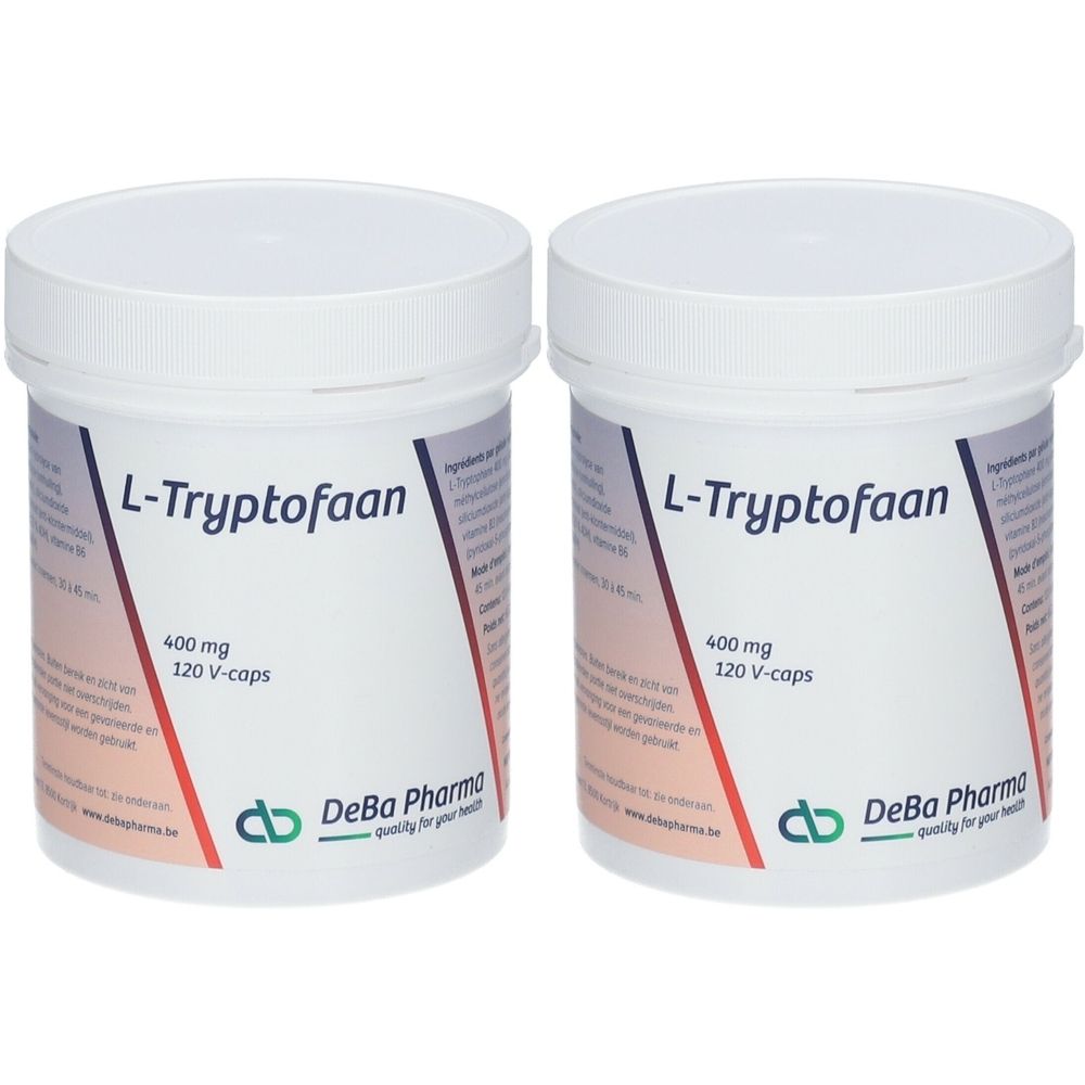 Deux pots blancs avec étiquettes. Inscription : L-Tryptophane, 400 mg, 120 V-caps. Marque : Deba Pharma.