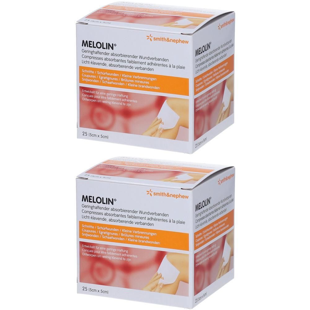 Deux boîtes de compresses MELOLIN. Inscriptions : Smith & Nephew, nom du produit, description, 25 pièces, 5 x 5 cm.