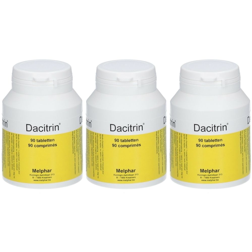 Trois flacons blancs avec couvercles. Chaque flacon porte l'inscription "Dacitrin", "90 tabletten, 90 comprimés" et "Melphar".