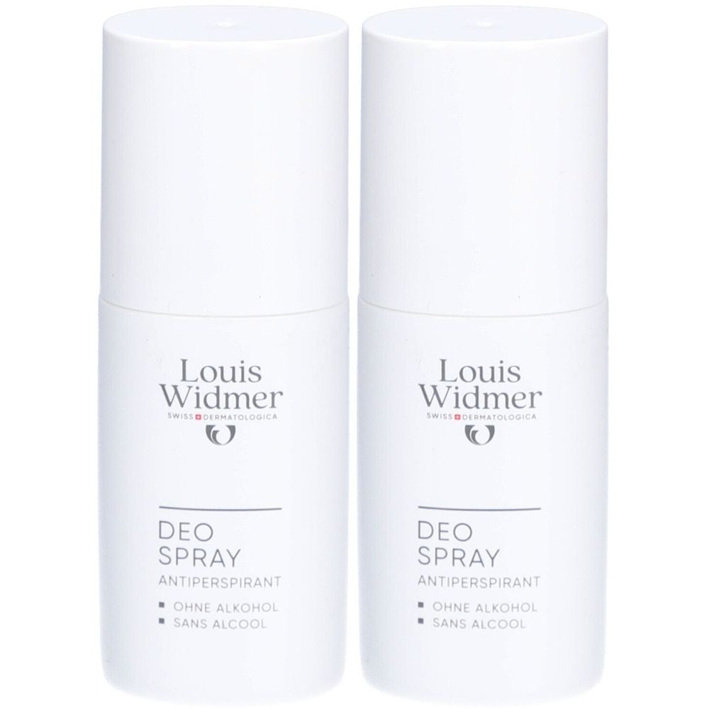 Deux sprays déodorants Louis Widmer blancs avec inscription 'DEO SPRAY ANTIPERSPIRANT SANS ALCOOL'.