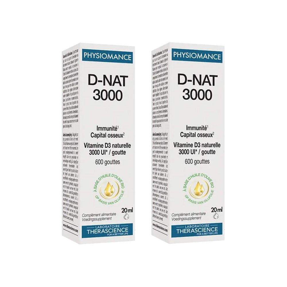 Deux flacons blancs PHYSIOMANCE D-NAT 3000. Contient de la vitamine D3. Flacons de 20 ml.
