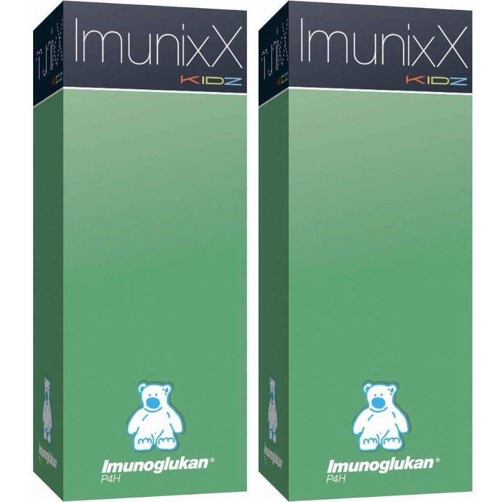 Deux boîtes vertes avec logo ours blanc et nom du produit. En haut : ImunixX KIDZ. En bas : Imunoglukan P4H.