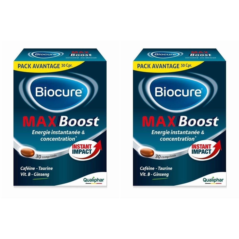 Deux boîtes Biocure MAX Boost. Emballage bleu avec nom et ingrédients. 30 comprimés, Instant Impact.