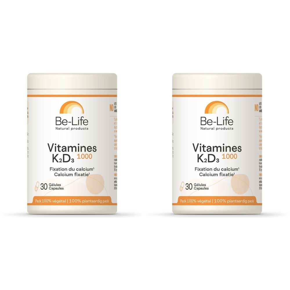 Deux flacons blancs "Be-Life Vitamines K2D3 1000". Inscription "Fixation du calcium". Contient 30 gélules.