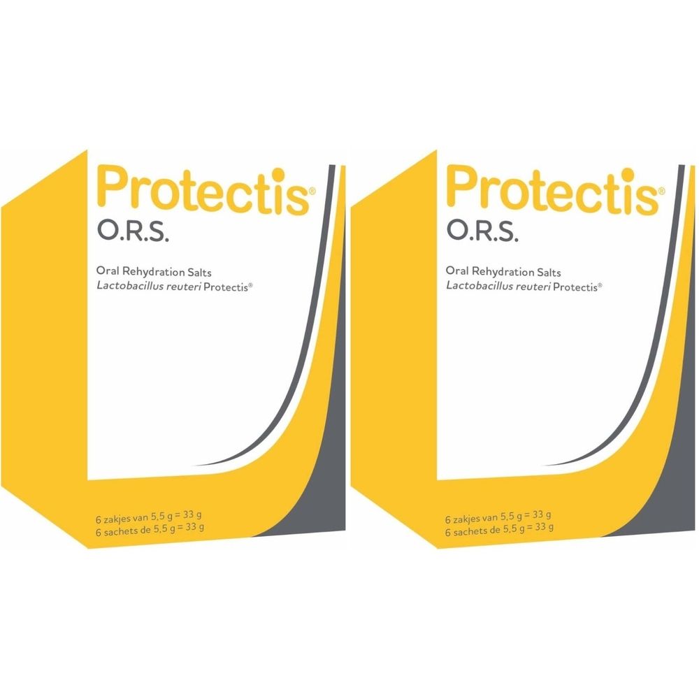 Deux paquets de Protectis O.R.S. Sels de réhydratation orale avec Lactobacillus reuteri Protectis.
