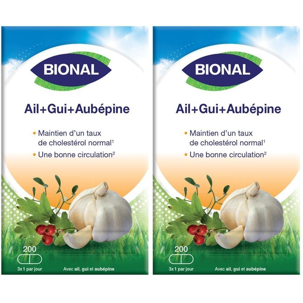 Deux boîtes de compléments alimentaires. Marque BIONAL, Ail+Gui+Aubépine. Contient de l'ail, du gui et de l'aubépine. Emballage vert et blanc.