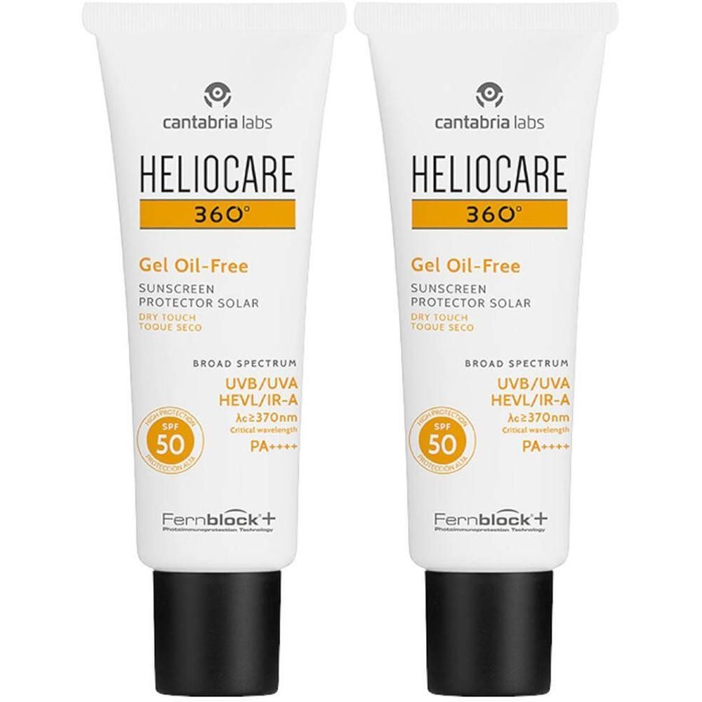 Deux tubes de HELIOCARE 360° Gel Oil-Free SPF 50. Tubes blancs avec bouchon noir. Logo et texte jaune et noir.