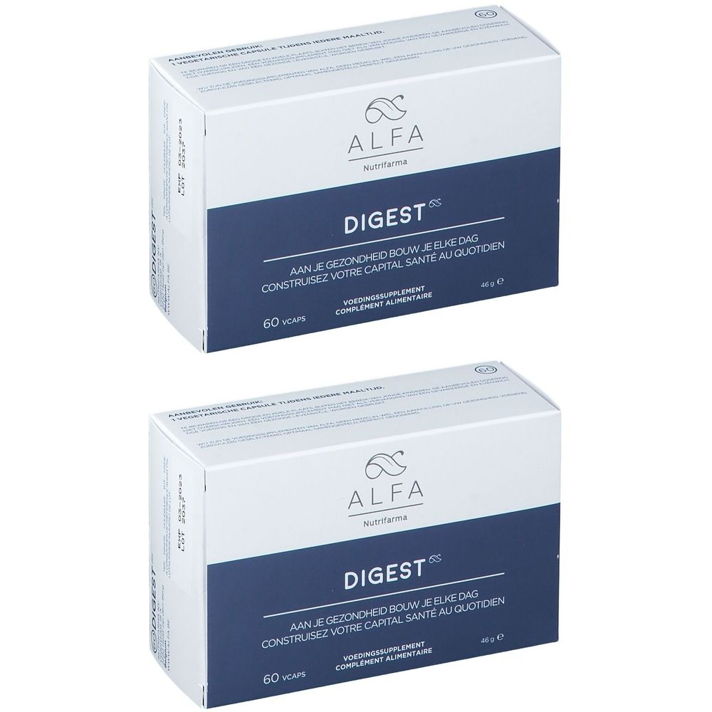 Deux boîtes blanches avec une bande bleue. Marque ALFA, nom du produit DIGEST et texte multilingue imprimés.