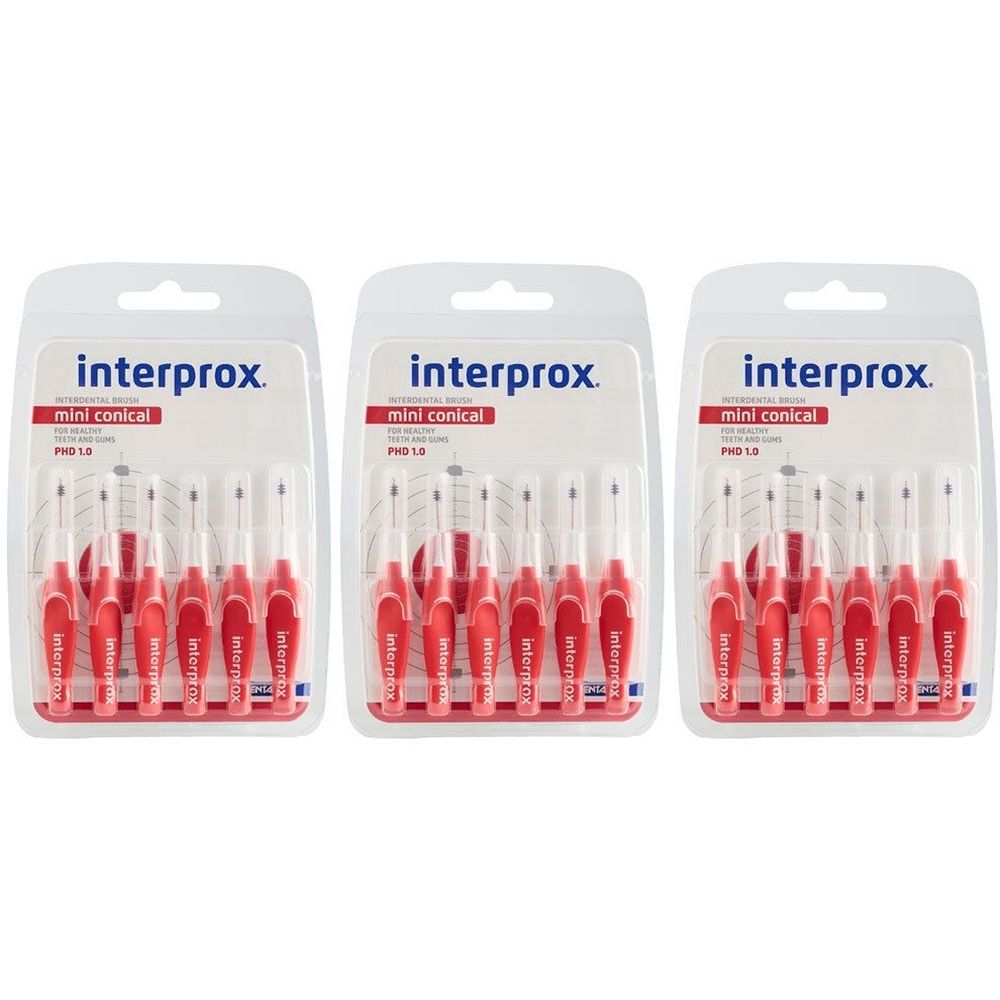 Trois paquets de brosses interdentaires Interprox Mini Conical rouges. Chaque paquet contient plusieurs brosses.