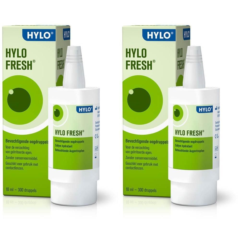 Deux flacons et emballages de Hylo-Fresh® Gouttes Oculaires. Flacons blancs avec étiquettes vertes, emballages verts avec logo et nom du produit.