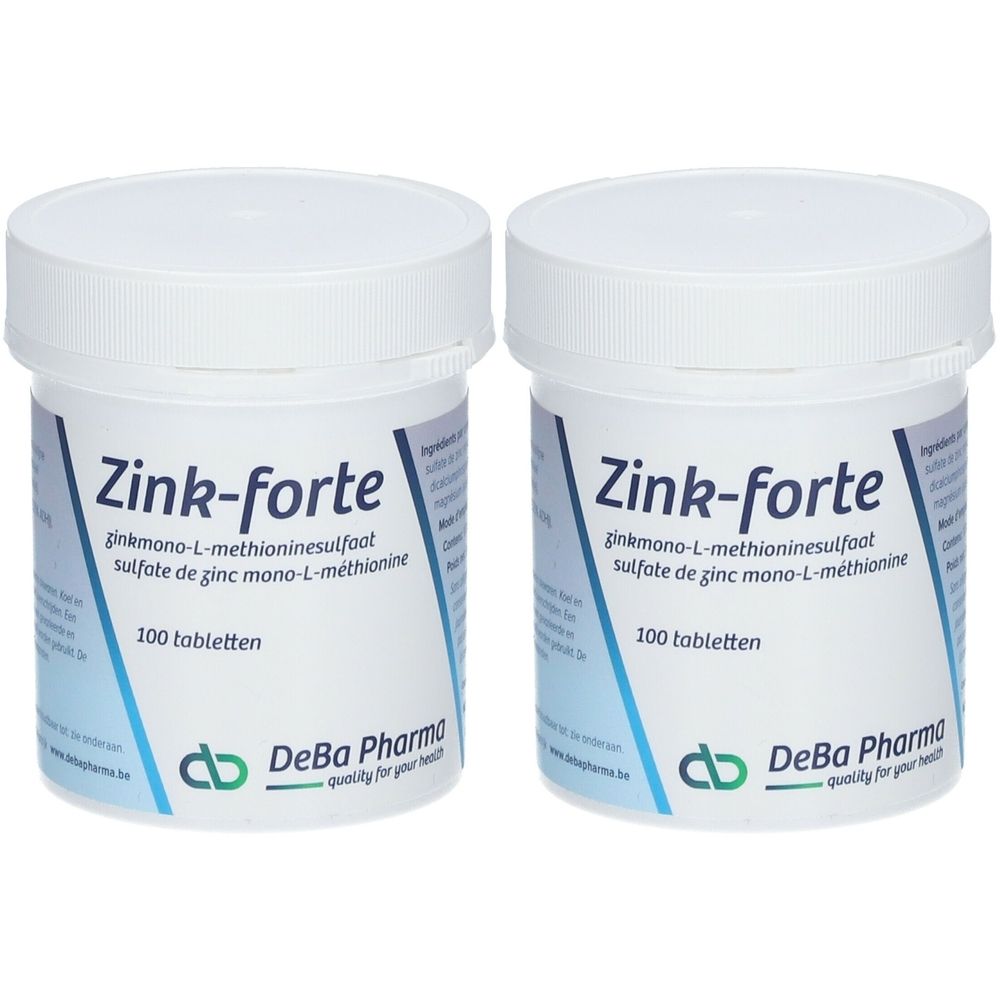 Deux boîtes blanches avec couvercles. Inscription: Zink-forte, 100 comprimés. Marque: DeBa Pharma.