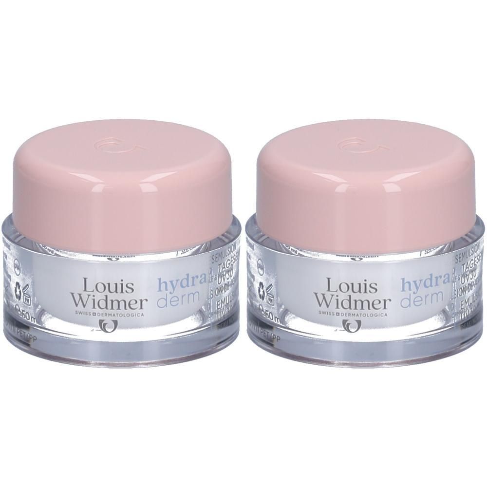 Deux pots de Louis Widmer hydraderm Tagesemulsion UV 30 avec couvercles roses. Inscription: hydraderm, Louis Widmer.
