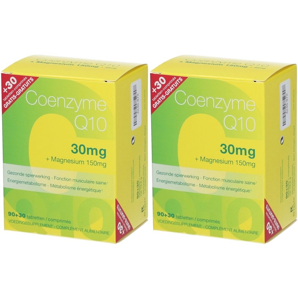Deux boîtes de Coenzyme Q10 30mg + Magnésium 150mg. Emballage jaune et vert avec informations et mention "Gratis".