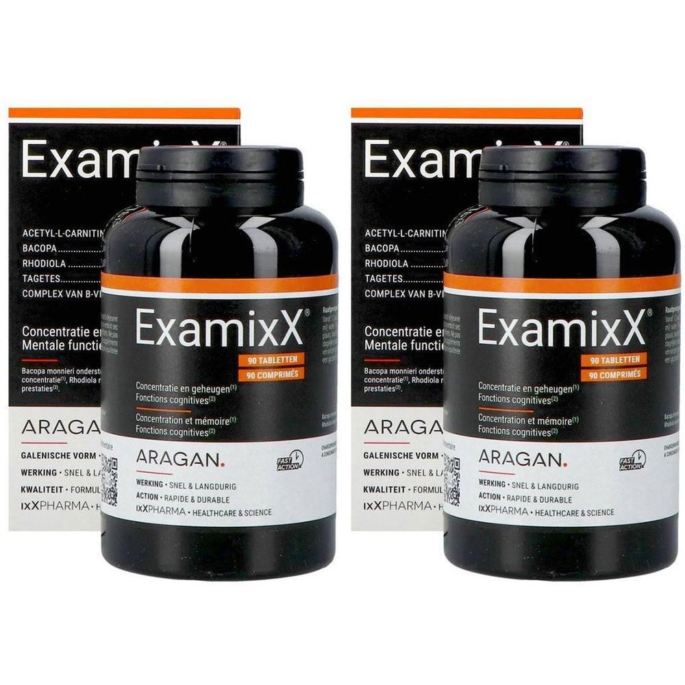 Deux flacons EXAMIXX® de 90 comprimés et emballages. Flacons noirs avec texte blanc. Accents orange. Inscription : ARAGAN.