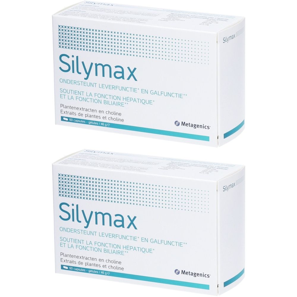 Deux boîtes blanches "Silymax". Texte en néerlandais et français. Marque : Metagenics. Contient des extraits de plantes et de la choline.