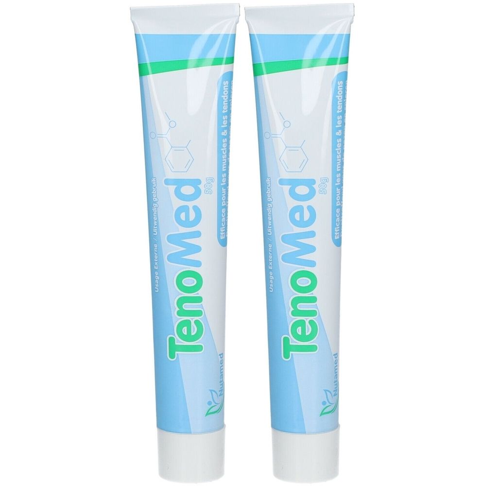 Deux tubes de crème TenoMed au design bleu et blanc avec des accents verts. Formule chimique structurelle visible.