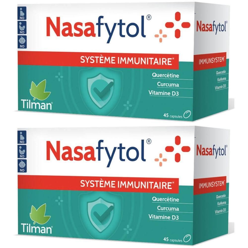 Deux boîtes de Nasafytol. Boîtes blanches avec texte rouge et vert. Contient quercétine, curcuma et vitamine D3. 45 gélules.