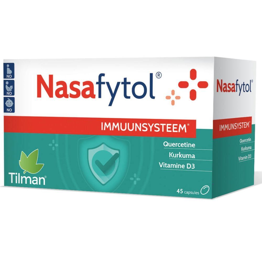 Boîte de Nasafytol. Boîte blanche avec texte rouge et vert. Contient quercétine, curcuma et vitamine D3. 45 gélules.