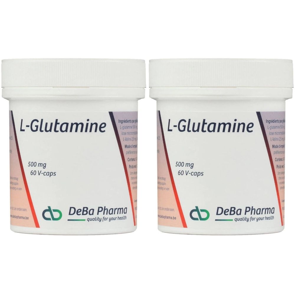Deux pots blancs avec couvercles. Inscription : L-Glutamine, 500 mg, 60 V-caps. Marque : DeBa Pharma.