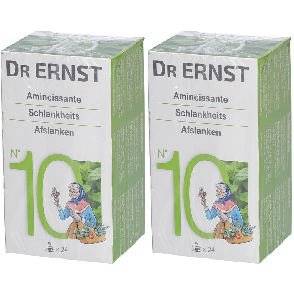 Deux boîtes Dr Ernst. Inscription : Amincissante, Schlankheits, Afslanken. Grand 10 vert, femme avec panier.