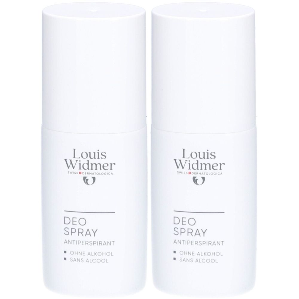Deux sprays Louis Widmer Deo Antitranspirant blancs, sans alcool.