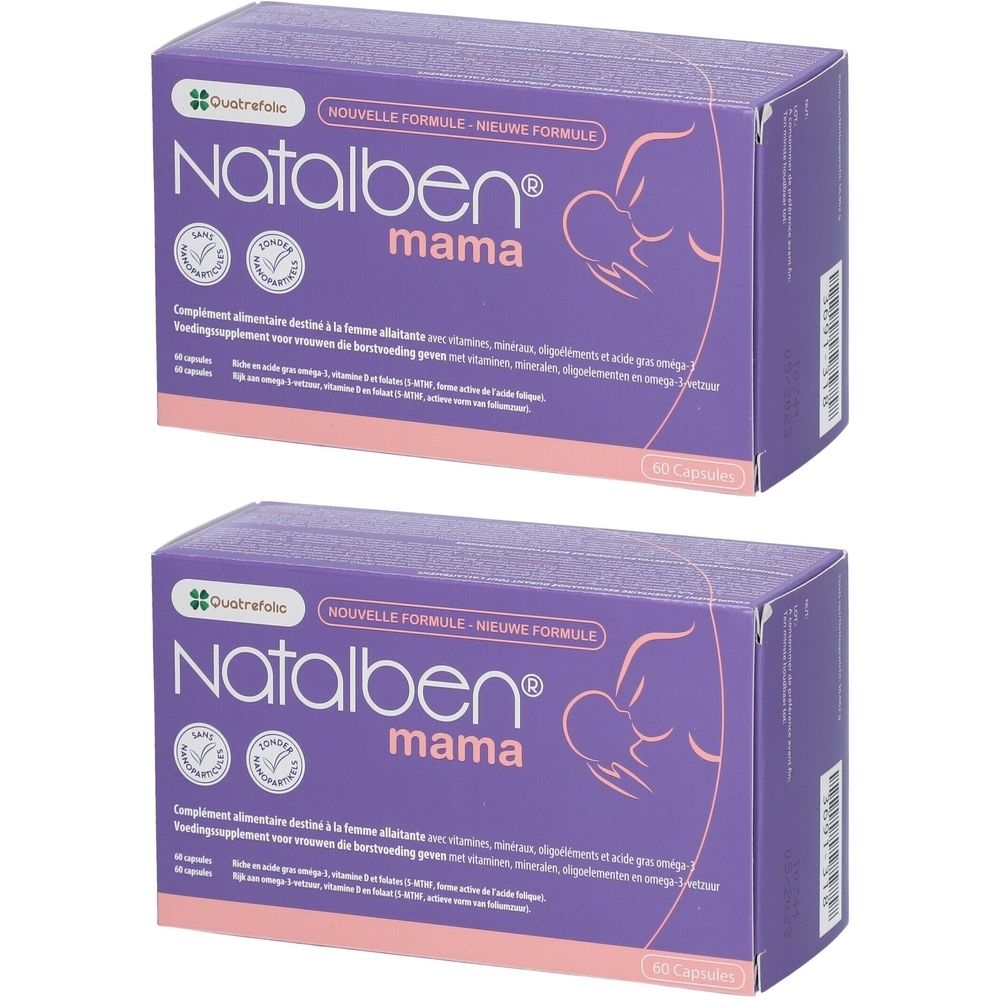 Deux boîtes violettes "Natalben mama". Contient 60 capsules. Inscriptions en français et néerlandais.