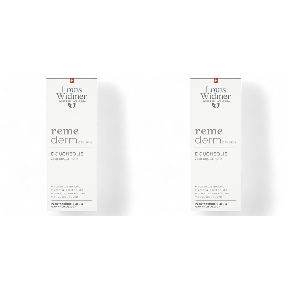 Deux emballages blancs de Louis Widmer Remederm Huile Douche. Texte: Remederm, Doucheolie, pour peau sèche.