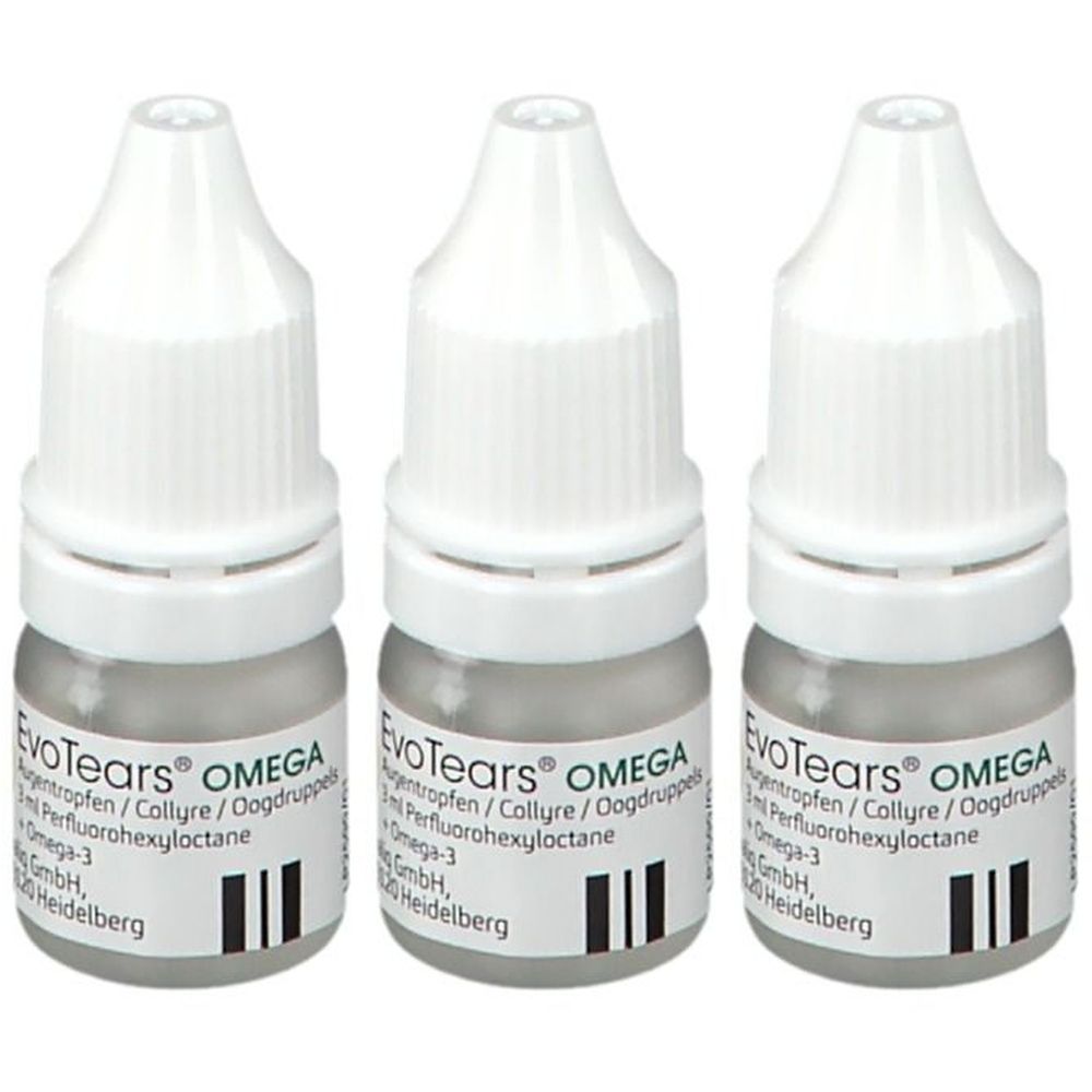 Trois flacons EvoTears OMEGA gouttes oculaires avec capuchons compte-gouttes blancs et étiquettes.