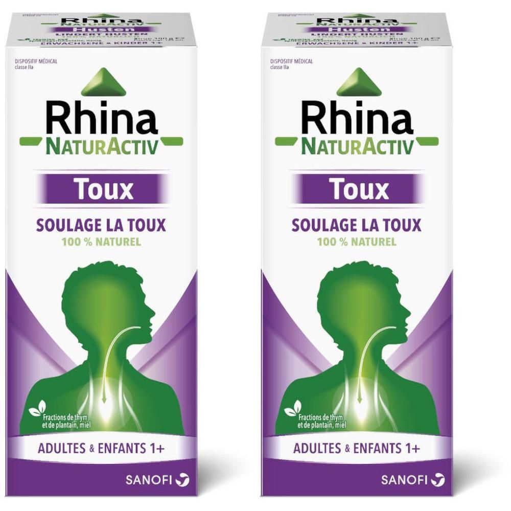 Boîte Rhina NaturActiv Toux. Texte: Soulage la toux, 100% naturel. Silhouette verte d'une gorge.