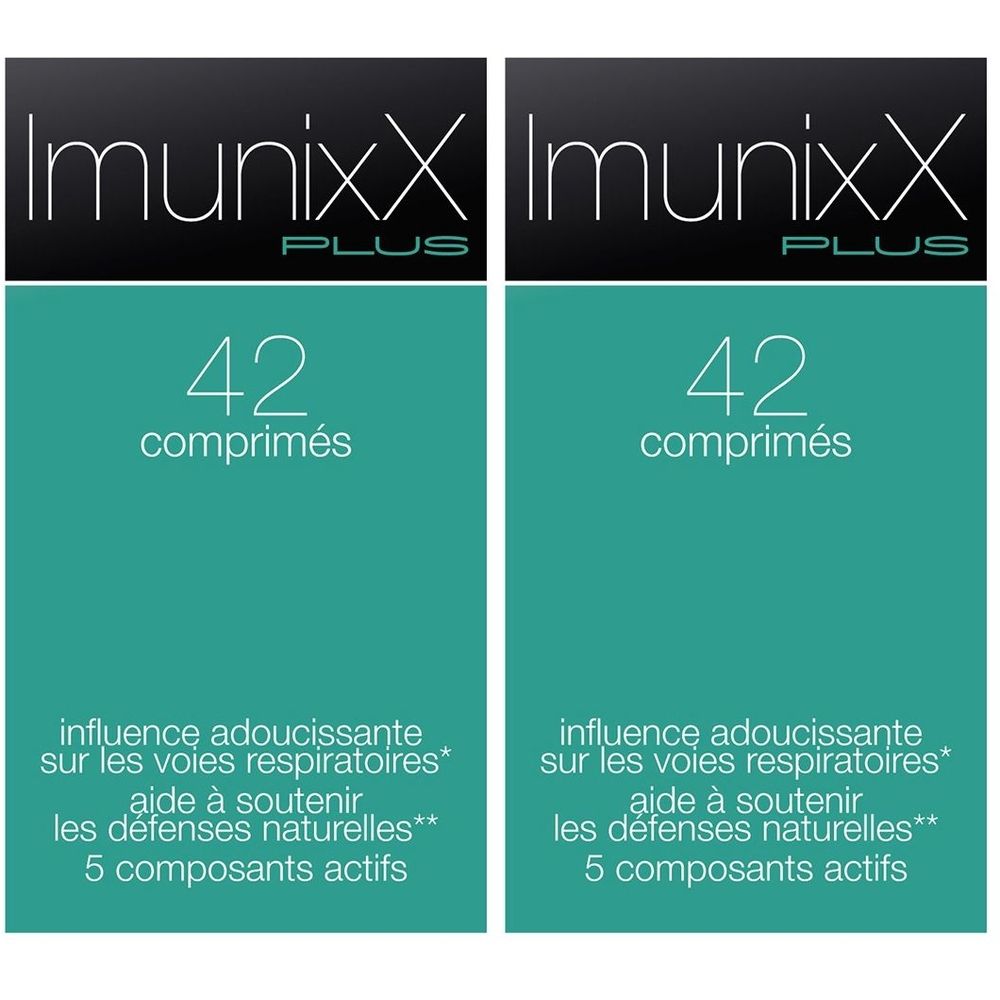 Deux emballages ImunixX Plus. Fond noir, zone verte avec texte. Inscription: 42 comprimés, aide à soutenir les défenses naturelles.