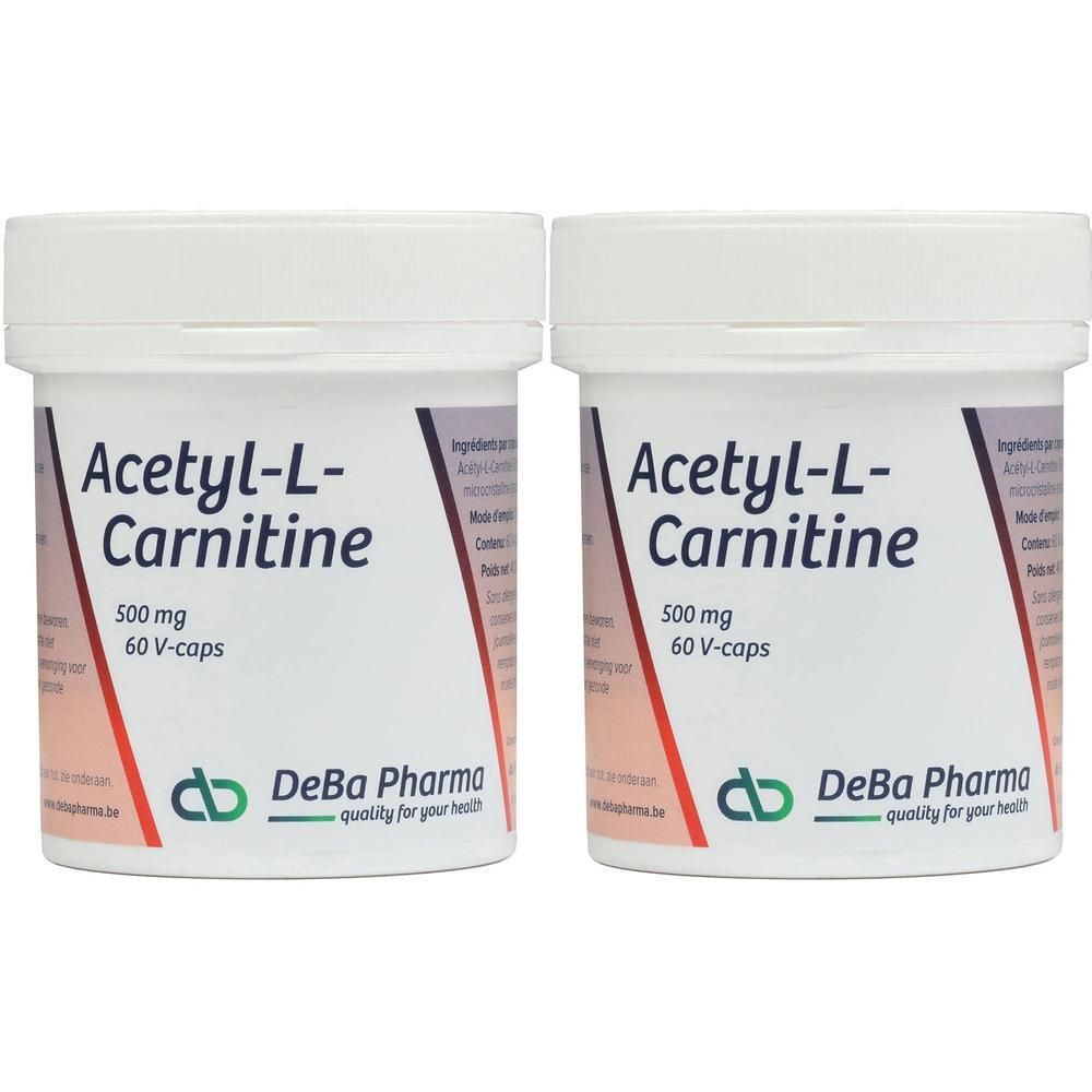 Deux pots blancs avec couvercles. Inscription: Acetyl-L-Carnitine 500 mg, 60 V-caps. Marque: DeBa Pharma.