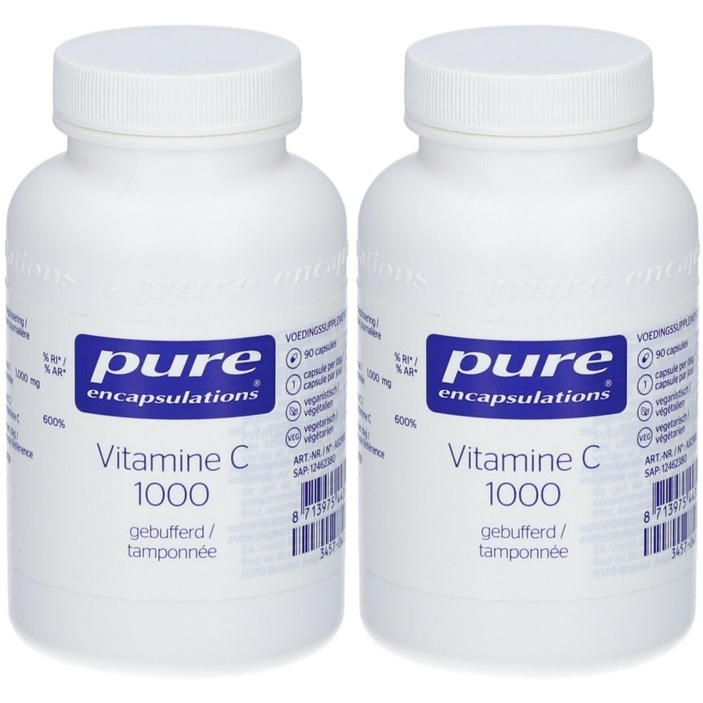 Deux flacons blancs avec étiquettes. Inscription: pure encapsulations® Vitamine C 1000. Tamponné.