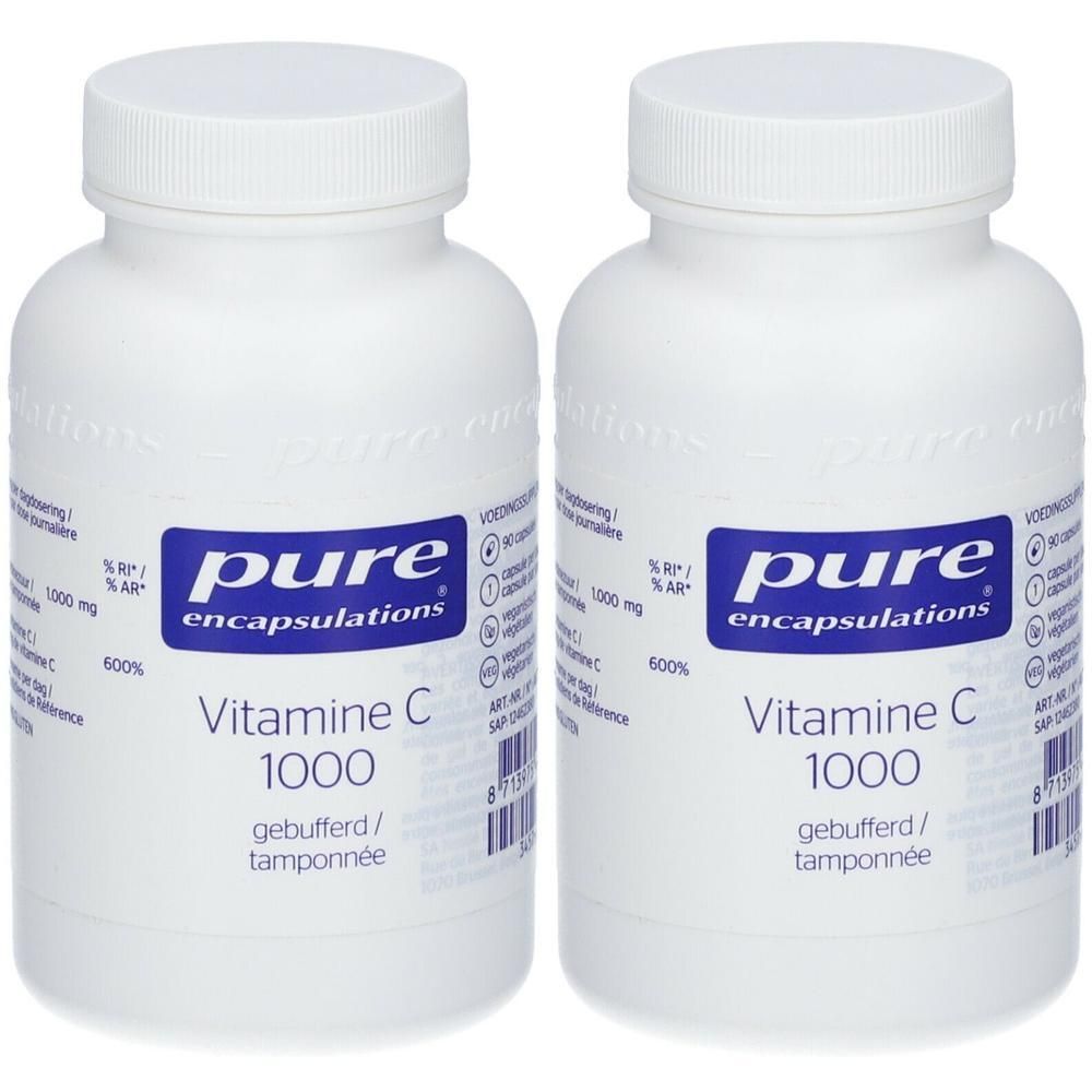 Deux flacons blancs avec étiquettes. Inscription: pure encapsulations® Vitamine C 1000. Tamponné.