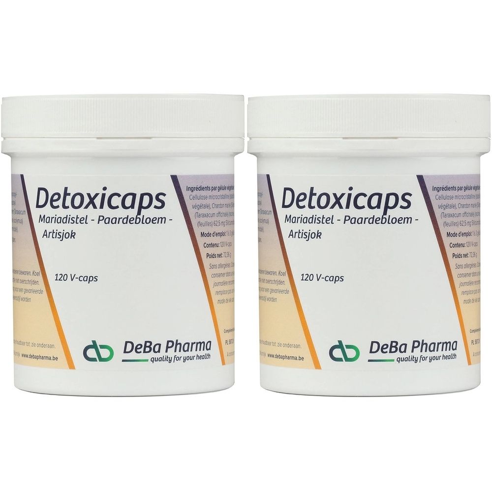 Deux pots blancs avec couvercles. Inscription Detoxicaps, Mariadistel, Paardebloem, Artisjok. 120 V-caps. Logo DeBa Pharma.