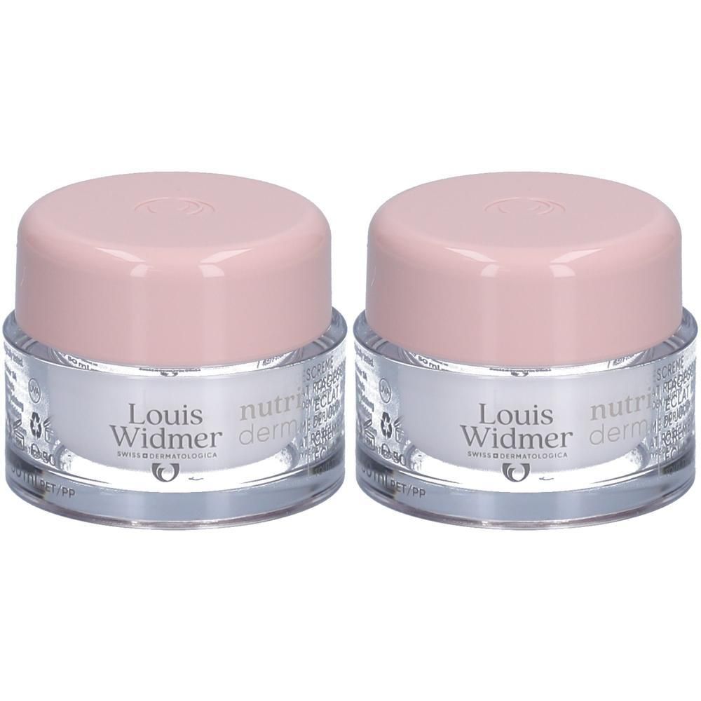 Deux pots de Louis Widmer Nutriderm Crème de Jour Éclat Rosé UV50. Couvercles roses, contenants argentés, noms de produits.