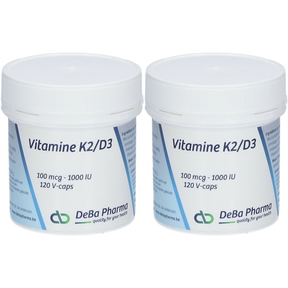Deux pots blancs avec texte bleu: Vitamine K2/D3, 100 mcg - 1000 UI, 120 V-caps. Logo DeBa Pharma.