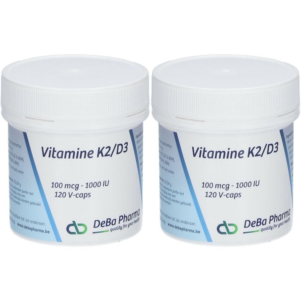 Deux pots blancs avec texte bleu: Vitamine K2/D3, 100 mcg - 1000 UI, 120 V-caps. Logo DeBa Pharma.