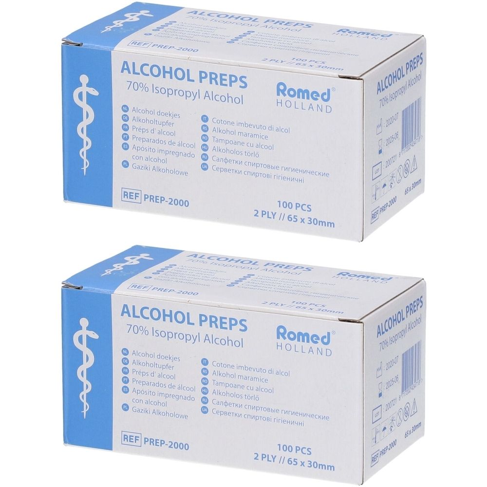 Deux boîtes de tampons d'alcool Romed, 70% d'alcool isopropylique, 100 pièces par boîte, 65 x 30mm.