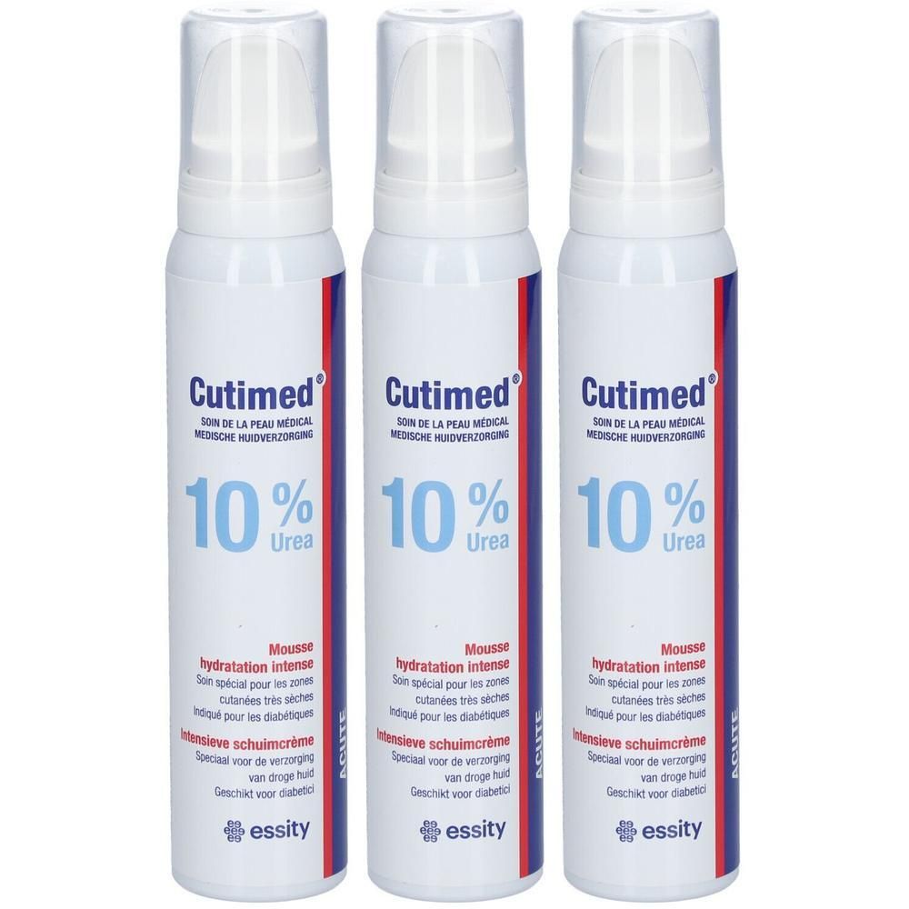 Trois flacons blancs avec inscriptions bleues et rouges. Inscriptions: Cutimed, 10% Urée, Mousse hydratation intense.