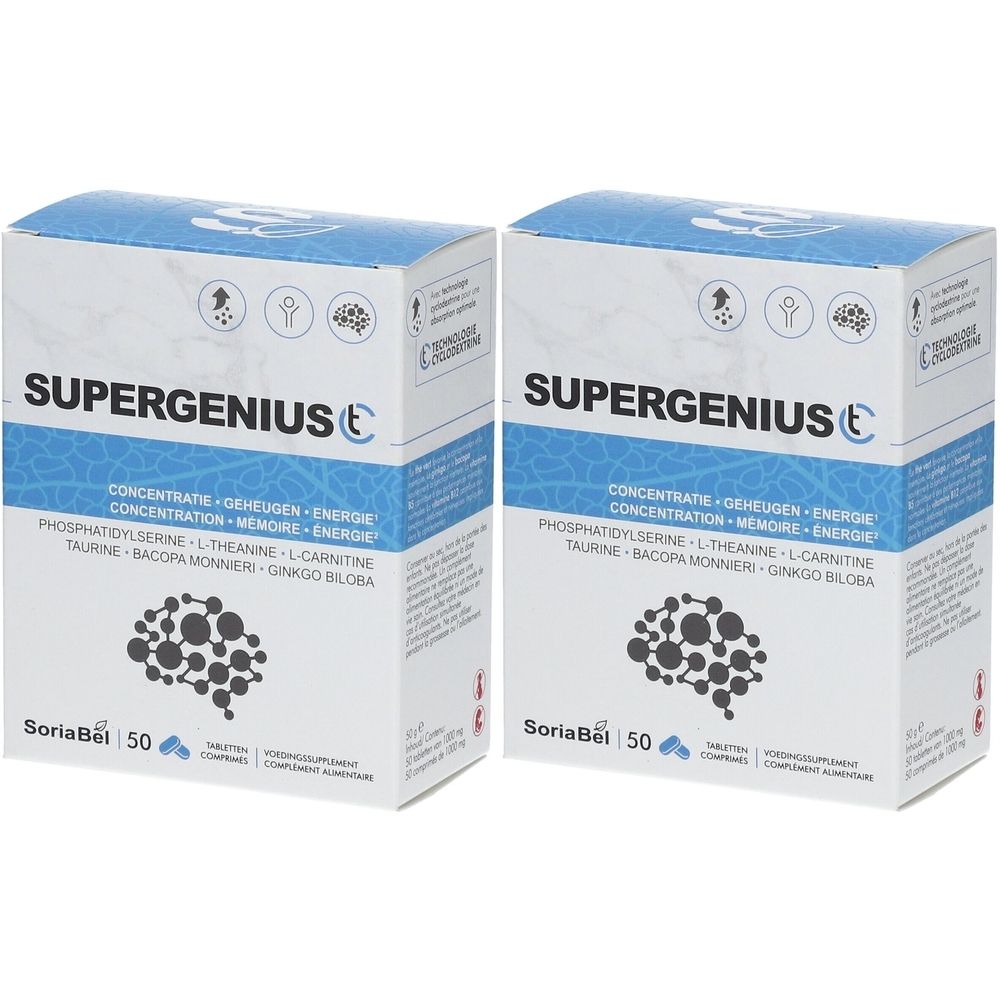 Deux boîtes de SoriaBel Supergenius CT. Emballage bleu et blanc avec nom du produit et ingrédients. 50 comprimés.