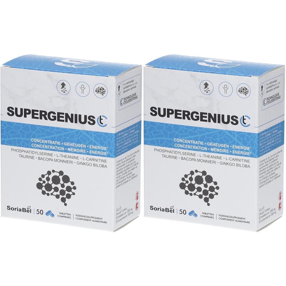 Deux boîtes de SoriaBel Supergenius CT. Emballage bleu et blanc avec nom du produit et ingrédients. 50 comprimés.