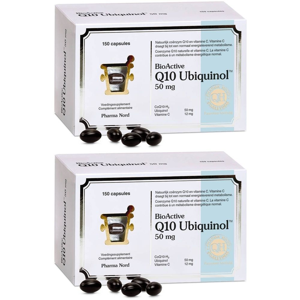 Deux boîtes blanches avec des gélules noires. Inscription : BioActive Q10 Ubiquinol 50 mg. Pharma Nord.