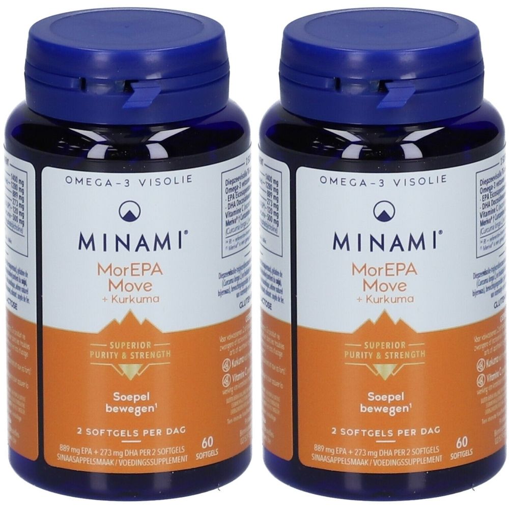 Deux flacons bleus. Inscription: Minami MorEPA Move + Curcuma. 60 gélules. Omega-3 Visolie.
